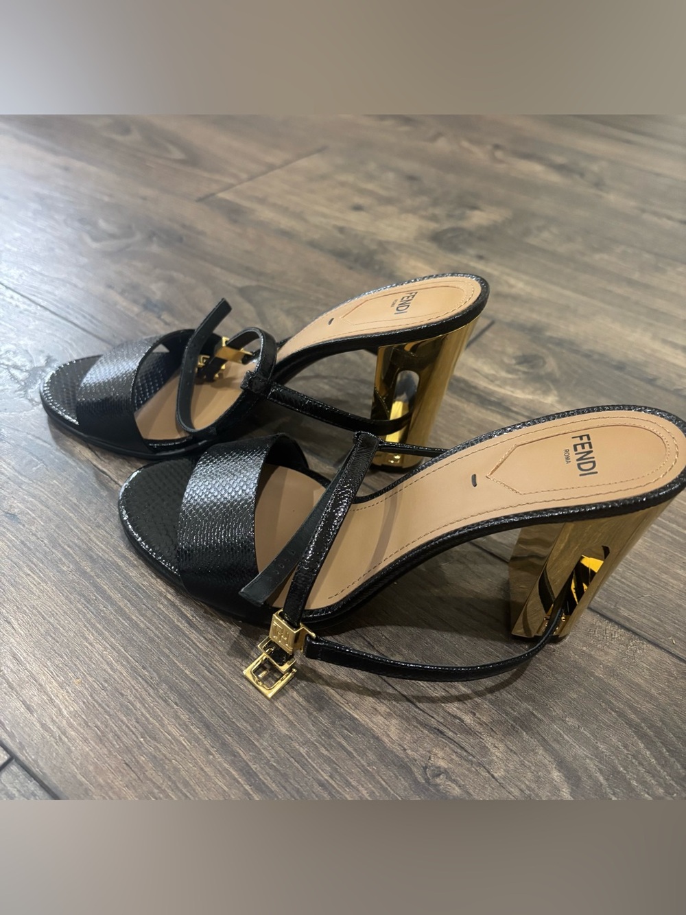 Fendi Delphine Ankle Strap Heel with Gold Block Heel - Picture 2 of 5